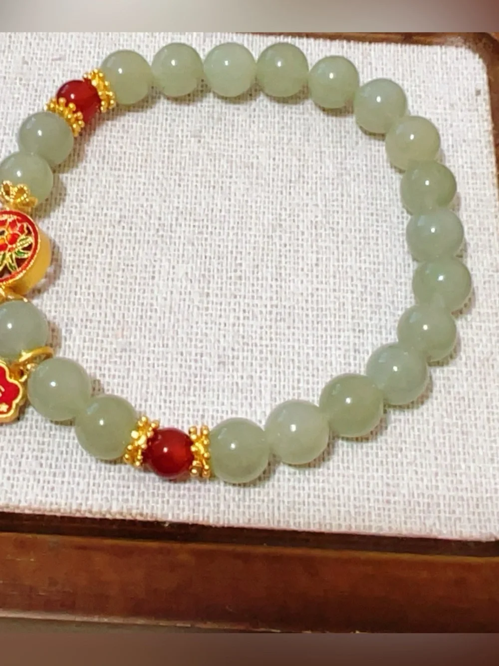 Natural Hetian Jade bead Bracelet with Double-Sided Enamel Flower Charm|Handmade